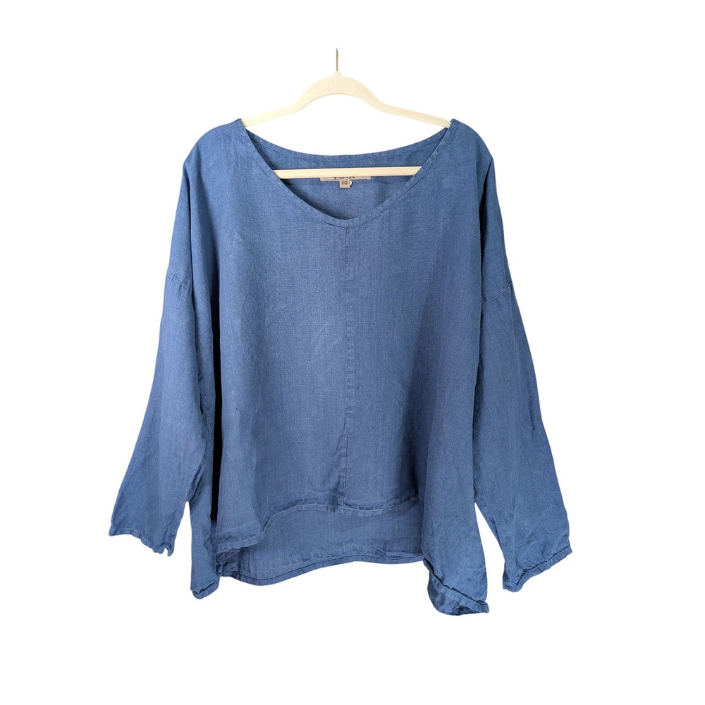 Flax Linen Shirt Womens 1G/1X Blue Pullover V Neck Tunic Lagenlook coastal